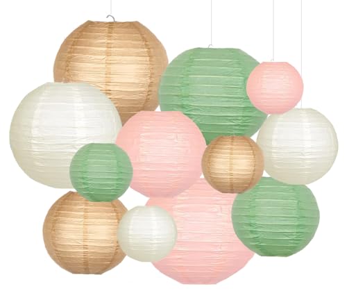 Sage Green Pink Paper Lanterns Decorative 12pcs Wedding Hanging Decorations for Bridal Shower Birthday Rustic Party Neutral Baby Shower Sage Green Home Decor - color: sage green,pink,gold,white