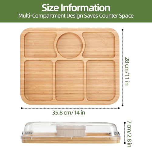 Charcuterie Board with Lid, Bamboo 6‑Compartment Portable Serving Platter - color: 6 Compartments-rectangular