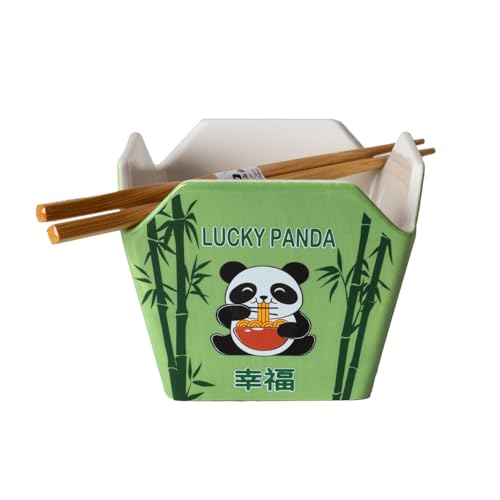 Urban Tokyo Chinese Takeout Box Style Porcelain Bowl With Chopsticks 18 fl oz Square Shape Rice Noodles Pasta To Go Box Shaped Bowl Microwave Dishwasher Safe (Hungry Panda) - color: Hungry Panda