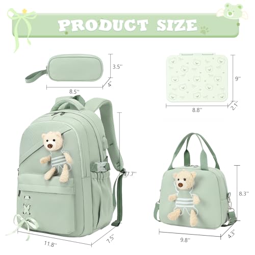 ACESAK 4PCS Backpack for Girls with Leakproof Bento Box (Green) - color: Green