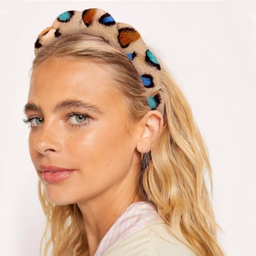 Tetizo Spa Headbands for Washing Face Wristband Set Sponge Makeup Skincare Headband Wrist Towels Bubble Soft Terry Towel Cloth Hairband for Women Puffy Headwear Non Slip Thick Thin Hair Headwear - color: Leopard brown