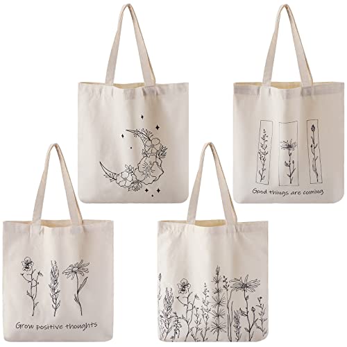 Reginary 4 Pack Canvas Tote Bag, Aesthetic Tote Bag for Women, Wildflower - style: Wildflower