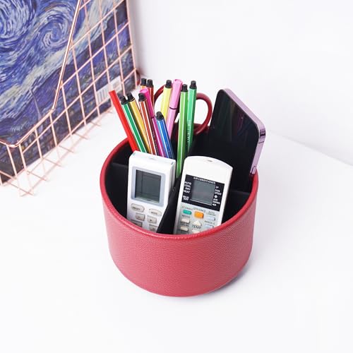 Round Leather Art Supply Organizer,Remote Control Holder,360 Degree Spinning,Multi-Functional Pencil Holder,4 Compartments Desktop Stationary Organizer(1-Lichee Red) - color: 1-Lichee Red