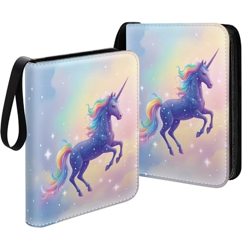 Card Binder 400 Pockets, 50 Sleeves Large Binder Trading Cards Holder 4 Pocket, Storage Organizer, Album Folder Case Protector Collector Gift Pink Star Rainbow Horse - color: Pink Star Rainbow Horse, size: 4 Pocket
