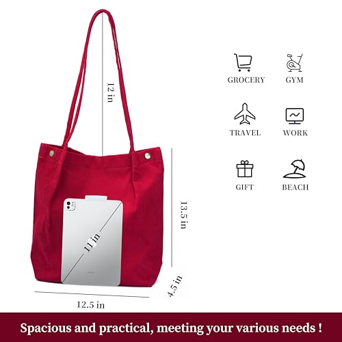 Corduroy Tote Bag Cute Tote Bags for Women Shoulder Bag with Inner Pocket for Work Beach Travel and Shopping Grocery - style: Red