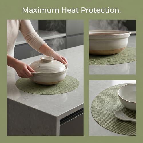 Round Imitation Bamboo PVC Placemats Set of 6,Countertop Protector - color: Green