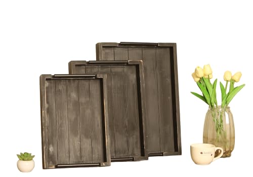 3Pc Rustic Black Vintage Nested Wood Serving Trays, Decorative - color: Rustic Black, size: 3Pc