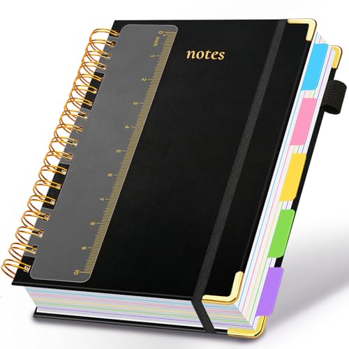 Hardcover Spiral Notebook 8.5"x11" Journal Notebook with Tabs and Removable Dividers 300 Pages 5 Subject Notebook College Ruled, Faux Leather Spiral Bound Notebook for Women School Work (Black) - color: Black, size: 8.5"x11"(A4)