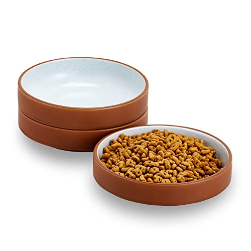 Cottagecore Howise Ceramic Cat Bowl Set, 3 Bowls, 5 inch, Terracotta+Blue, Safe, Stackable, Easy Clean - color: Terracotta+Light Blue