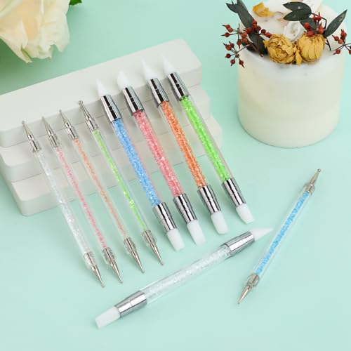 10PCS Nail Art Gel Carving Pen Acrylic Nail Dotting Pen Rhinestone Handle Double-Ended Silicone Nail Art Pen Brushes for Design Nail Foil Carving Drawing and 3D Effect Shaping Drawing Dotting Tools - color: 10 pcs style A