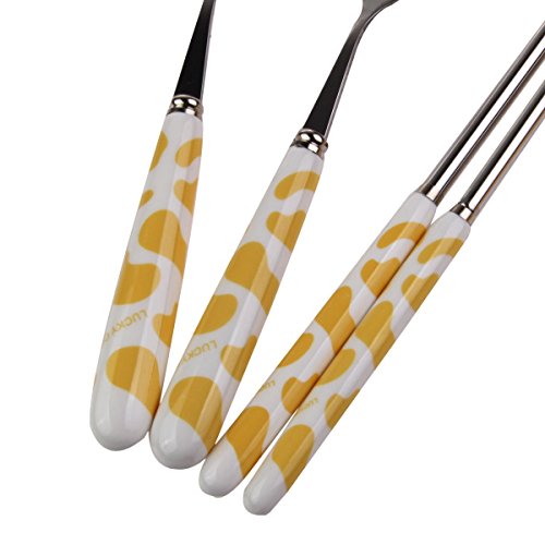 OLizee® Cute Creative Cow Pattern Design Flatware Set of 3 Ceramics Handle Stainless Steel Spoon Fork Chopsticks for Traveling Portable Lovely Animals Korean Tableware Set (Yellow)