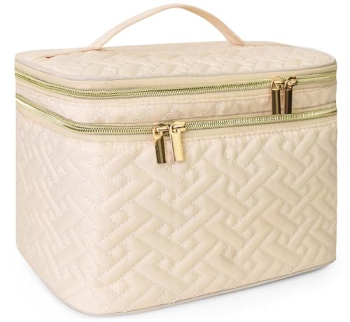 Makeup Bag Organiser for Women, Large Double Layer Cosmetic Make Up Bag - color: White