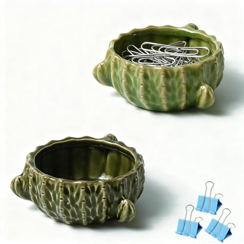 2 Pack Cactus Ceramic Paper Cilp Holder, Western Office Desk Decor - color: Cactus Green