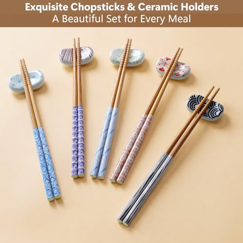 Antner 5 Pairs Reusable Bamboo Chopsticks and 5PCS Ceramic Rests Set, 8.8 Inch Classic Japanese Style Chopsticks with Holders for Sushi Ramen Asian Cuisine, Non-Slip, Black Elegant Gift Box - color: Modern Geometric Pattern Chopsticks Set