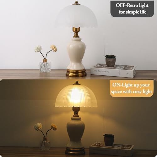 Ceramic Table Lamp Dimmable for Living Room, 16" Modern Vintage Bedside Nightstand Lamps with White Glass Shade,Classic Chinoiserie Retro Bedroom Lamp for Night Stands, Dorm,Office, Home Decor - color: white vase