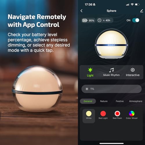 OLIGHT Sphere Smart Night Light, 75 lumens Stepless Dimming Table Lamp with Remotely APP Control, Magnetic Rechargeable RGB Ambient Lighting for Sleeping, Reading, and Relaxation