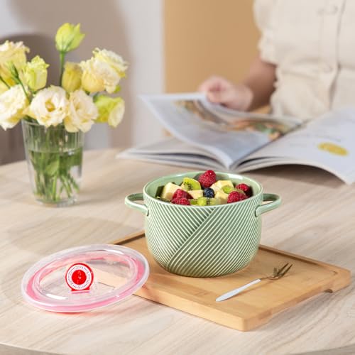 Ceramic Soup Bowl with Lid & Handle, Microwave Safe 32 oz, Green - color: Green, size: 1 pcs