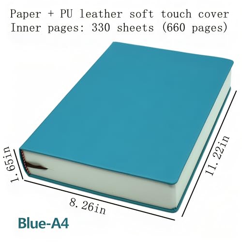 jooact Thick Sketchbook 660 Pages Notebook Soft Faux Leather Cover Journal 80GSM Paper Notepad Drawing Book Memo Writing Sketch Pad Diary Notebook - color: Blue, size: A4