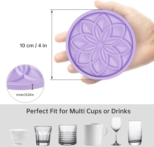 HFHOME Silicone Coasters Set for Drinks - 6 Pack With Holder, Table Cup Mat for Coffee Table, Desk, Bar - Tabletop Protection Gift - Light Purple - color: Light Purple