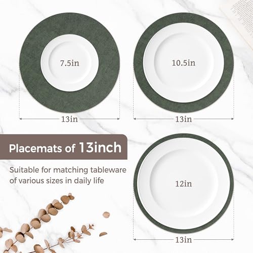 13" Round Placemats Set of 6, Reversible Faux Leather Wipeable Table Mats - color: Dark Green