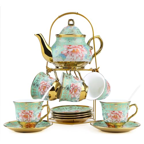 20Pcs Porcelain Tea Set with Metal Stand,European Vintage Tea Set for Adult - color: Green