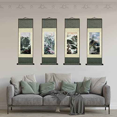 AtfArt Silk Scroll Painting, Waterfall Landscape, Set of 4, 36.2x12in - color: A8