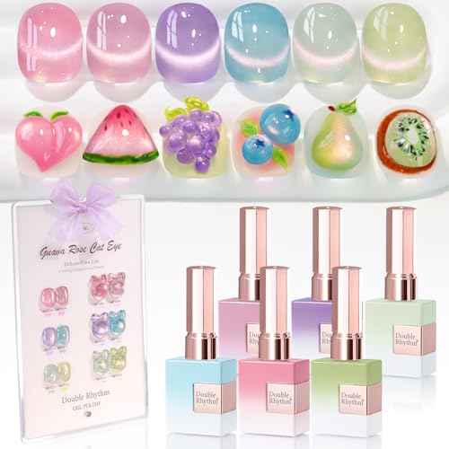 Double Rhythm Cat Eye Gel Nail Polish Set of 6 Same Color Same Bottle 0.5 Oz Shimmer Glitter with Magnet Holographic Reflective Magnetic UV Nail Polish Kit at Home (Rose Green Pink Purple-T6-46) - color: Rose Green Pink Purple