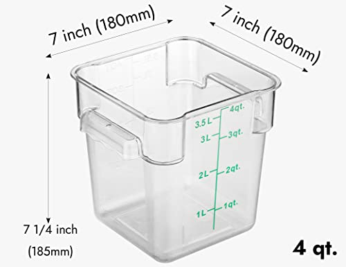 CURTA 4 Pack Food Storage Container with Green Lid - NSF Commercial Grade in 4.0 Qt - Square, Clear, Polycarbonate - color: 4.0 Qt 4-Pack(Green Lids)