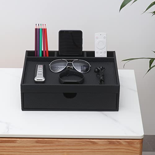Leather Desk Organizer With Drawers, Home Cosmetics Organizer, Phone Remote Organizer, Drawer Plus Divider & Tray (black) - color: black