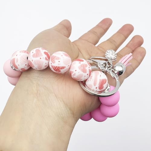 Unpafcxddyig Silicone Bead Keychain Bracelet Wristlet Key Ring - color: Rainbow Pink Rose