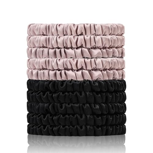 100% Mulberry Silk Hair Ties 10PCS, Silk Scrunchies for Women - color: 10Pcs(Black*5+Lotus Pink*5)
