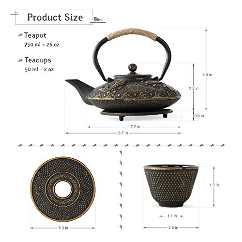 Ufine Koi Fish Cast Iron Teapot Set Stove Top 26 oz Tea Kettle with 4 Cups - color: Koi Fish