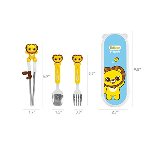 Lion Stainless Steel Chopsticks, Spoon, Fork and Case 4 Set, Chopsticks Training, Beginner, Brain Training, Right Handed (Lion, Hion), Made in Korea.