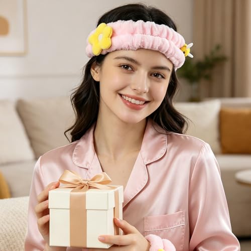 PERFECTSIGHT Kawaii Headband for Spa, Makeup, Washing Face, Party - 2 Pack Cute Hair Band for Shower Beauty Skincare, Soft Facial Headbands for Girls and Women (Pink Flower Bee) - color: Pink Flower Bee