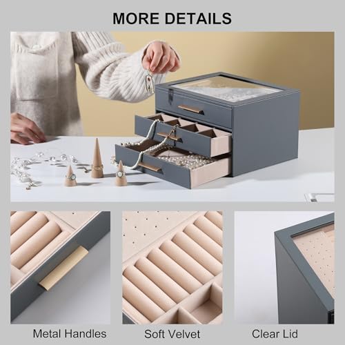 Frebeauty Jewelry Box for Women,Clear Lid Jewelry Organizer with 3 Drawers - color: Grey, size: 3 Drawer