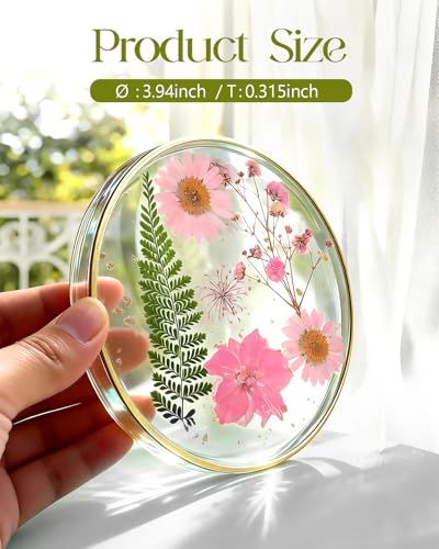 Oqplog Resin Drink Coaster for Desk Coffee Table-Pink Cute Dried Flowers Cup Coaster for Work Office Home Outdoor Decor Gifts for Girls Women,1 Pcs - color: Pink