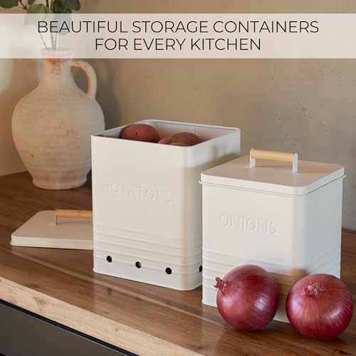 Beautiful Potato and Onion Storage Container Set - Food Safe Metal Bins - color: Cream