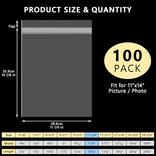AUEAR 11"x14" Clear Plastic Sleeves Storage Bags for Art,Pictures, 100 Pack - size: 11 x 14 inches