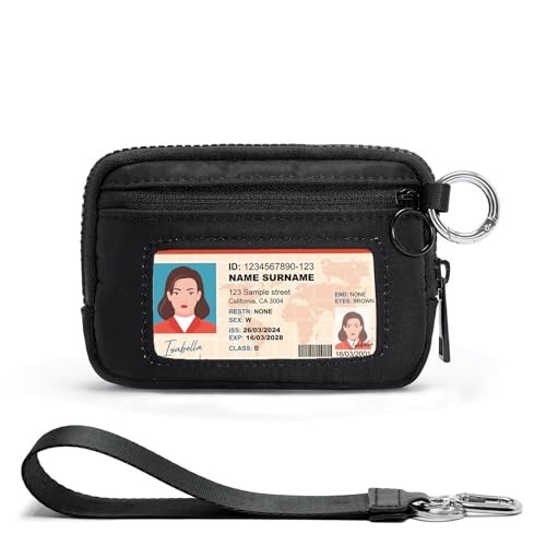 Wristlet Wallet for Women with Clear ID Window, Zip Coin Purse and Keychain - color: Black
