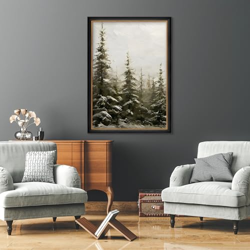 MUDECOR Premium Framed Canvas Print Wall Art Snowy Pine Trees in Winter Forest Illustrations Modern Art Contemporary Scenic Fun Warm for Living Room, Bedroom, Office - 26"x36" Black - color: A07-2308-b37, size: 36"L x 26"W, style: Black Frame