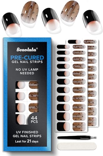 Real Gel Nail Strips (No UV Light Needed) - 44Pcs Salon Quality Nail Stickers - Long Lasting Polish Wraps for Women, Easy Apply & Remove (Daring Dusk Black) - color: Daring Dusk Black