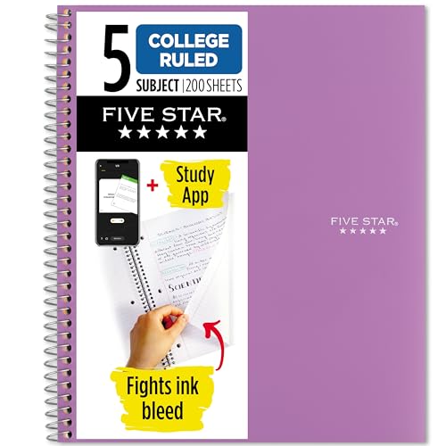 Five Star Spiral Notebook + Study App, 5 Subject, College Ruled Paper, 8-1/2" x 11", 200 Sheets, Fights Ink Bleed, Water Resistant Cover, Amethyst Purple (38748) - color: Purple, size: 1 Count (Pack of 1)