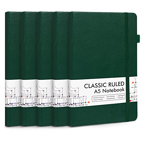 feela 5 Pack Journal Notebook Bulk for School, Hardcover Business Notebooks Classic Ruled Lined Journals with Pen Holder for Work Note Taking, with 5 Black Pens, 120 GSM, 5.1”x8.3”, A5, Dark Green - color: 5 Pack dark green