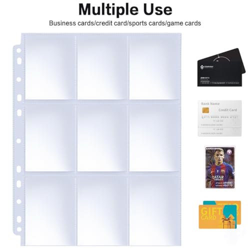 HERKKA Trading Card Sleeve Pages, 100 Pack 9 Pocket Album Pages 11 Holes Fit 3 Ring Binder - size: 100 pack
