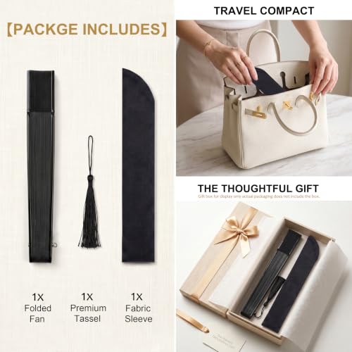 Japanese Folding Hand Fan for Women - Bamboo Silk Handheld Foldable Fan with Tassel & Pouch for Hot Flashes, Rave, Church, Gift,Wedding - Whisper-Quiet, Purse Size (Black) - color: Black