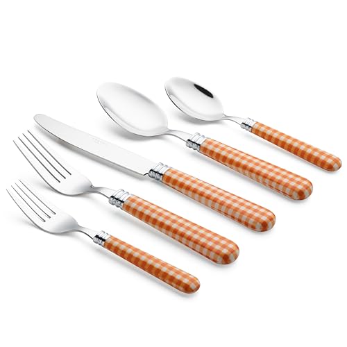 ANNOVA Silverware Set 20 Pieces Cutlery Stainless Steel Colorful Fun Handle Flatware Service for 4 - Dinner Knife, Dinner Fork, Salad fork, Dinner Spoon, Dessert Spoon (Checker Orange, 20 Pieces) - color: Checker Orange