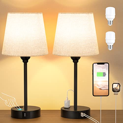 Grey Bedside Lamps Set 2 for Bedroom - Dimmable Touch, USB C+A, AC Outlet - color: Gray