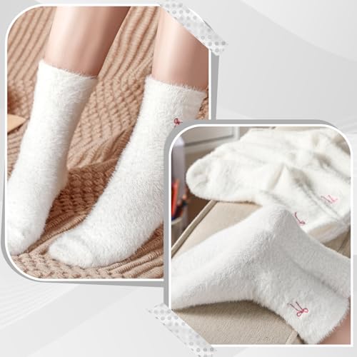 Geyoga 5 Pairs Fuzzy Bow Socks for Women Fluffy Slipper Gift - color: White