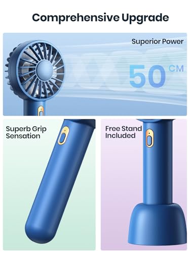 Warmco Mini Portable Fan 2-Pack - 3 Speed Rechargeable Handheld & Desk Fan with Base, Compact Cooling for Travel, Makeup, Summer Gift (Blue & Pink)