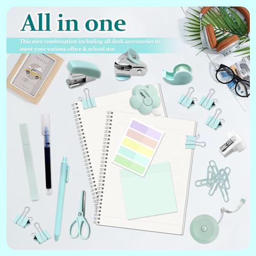 Mini Office Supplies, Teal Stapler with Staples and Tape Dispenser Set, Mini Stationary Kit Includes Sticky Notes Index Tabs Highlighters Gel Pens for Office & School Supplies (Teal) - color: Teal